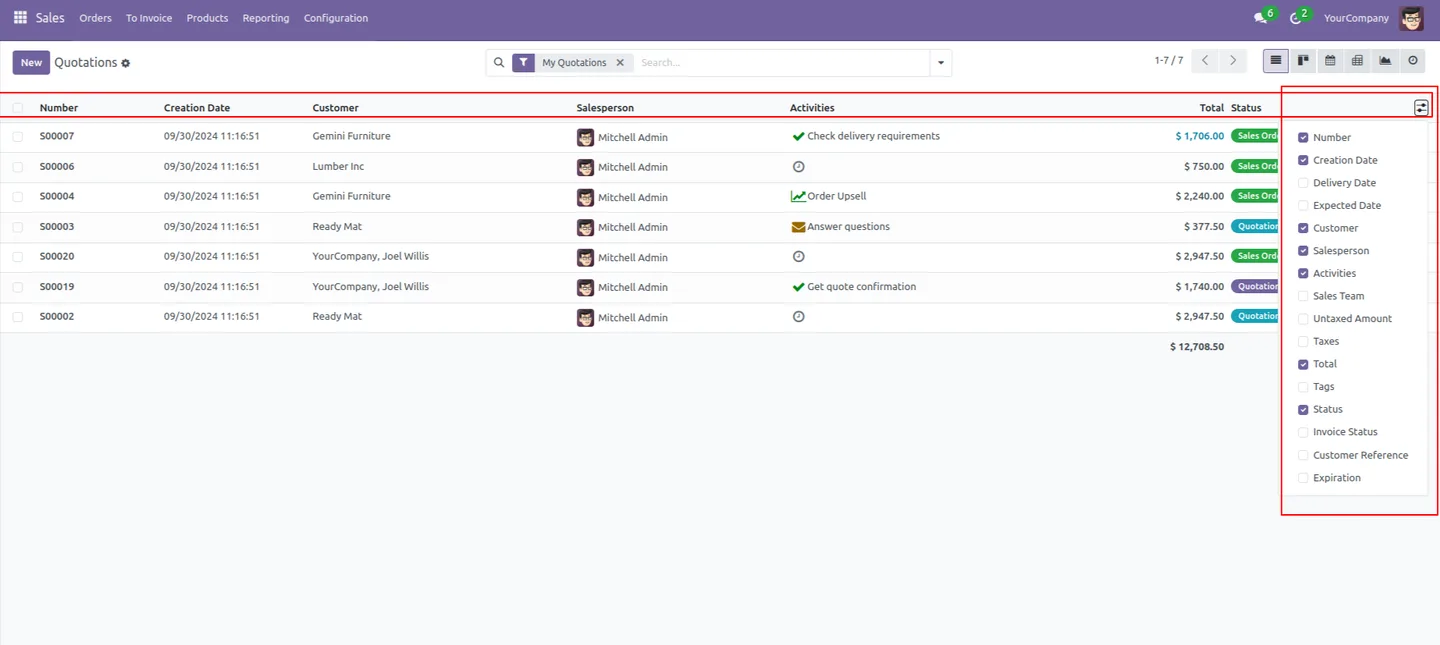 An Odoo order list trimmed to only the required columns with Show Optional Columns