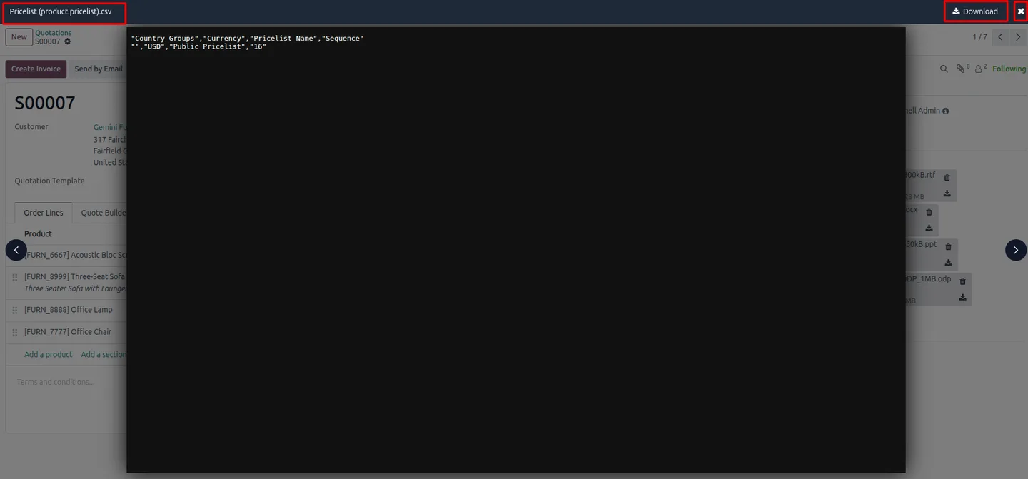 Previewing a CSV file inside Odoo with Smart Attachment Preview Pro