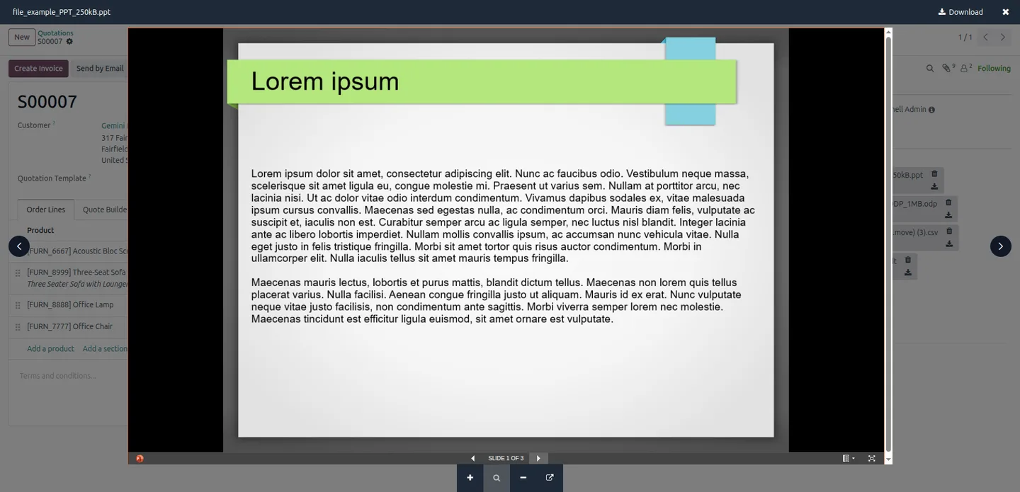 Previewing a PowerPoint PPT file inside Odoo with Smart Attachment Preview Pro