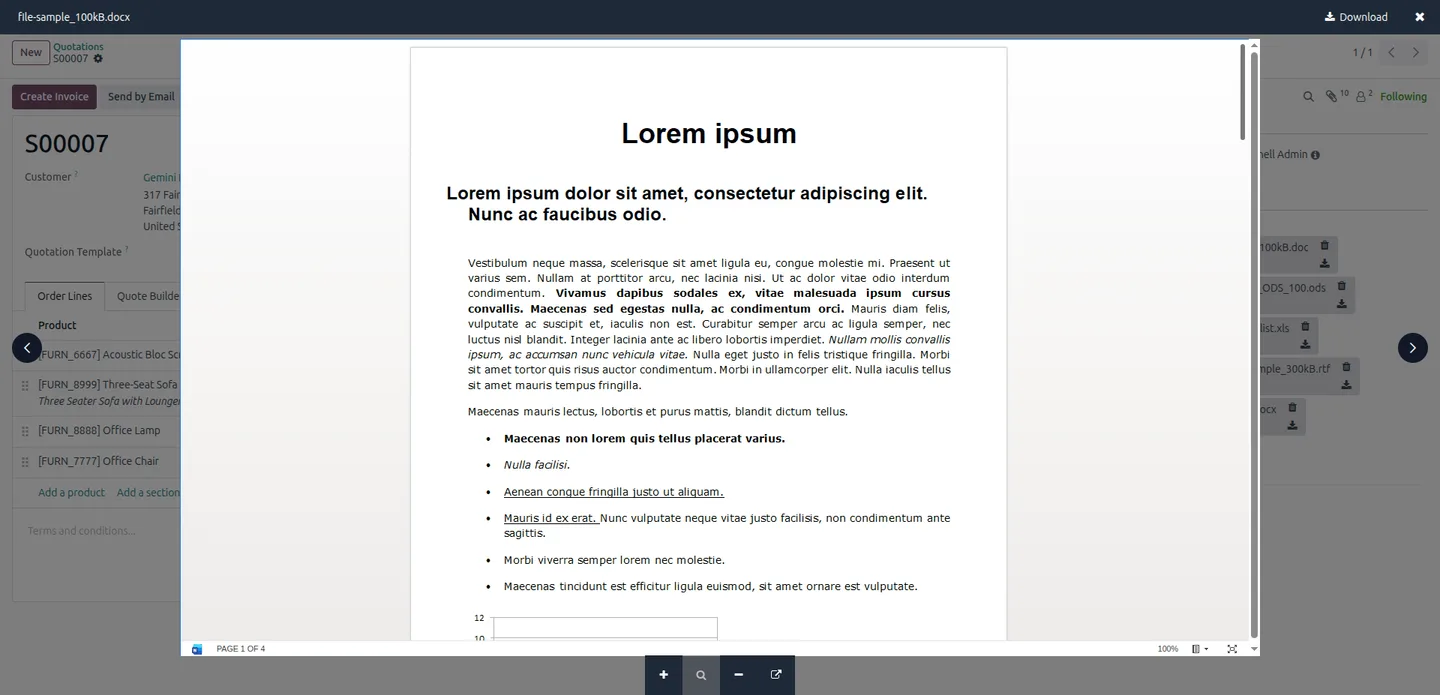 Previewing a DOCX document inside Odoo with Smart Attachment Preview Pro