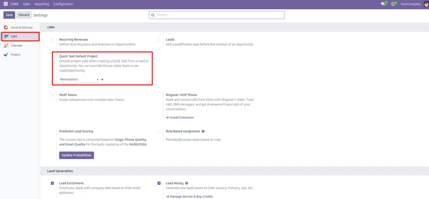 Smart CRM Task Generator default project setting in Odoo CRM configuration