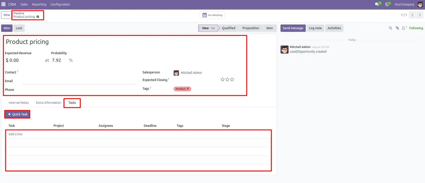 The Tasks tab on an Odoo CRM lead added by Smart CRM Task Generator
