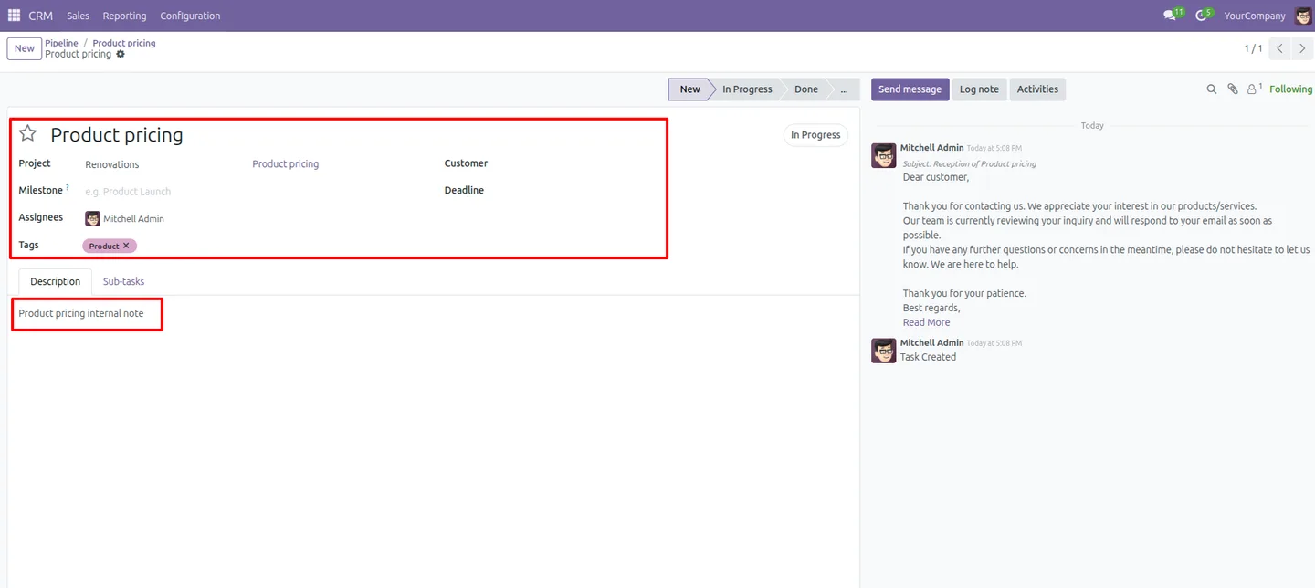 Creating a task from a CRM lead using the default project configuration