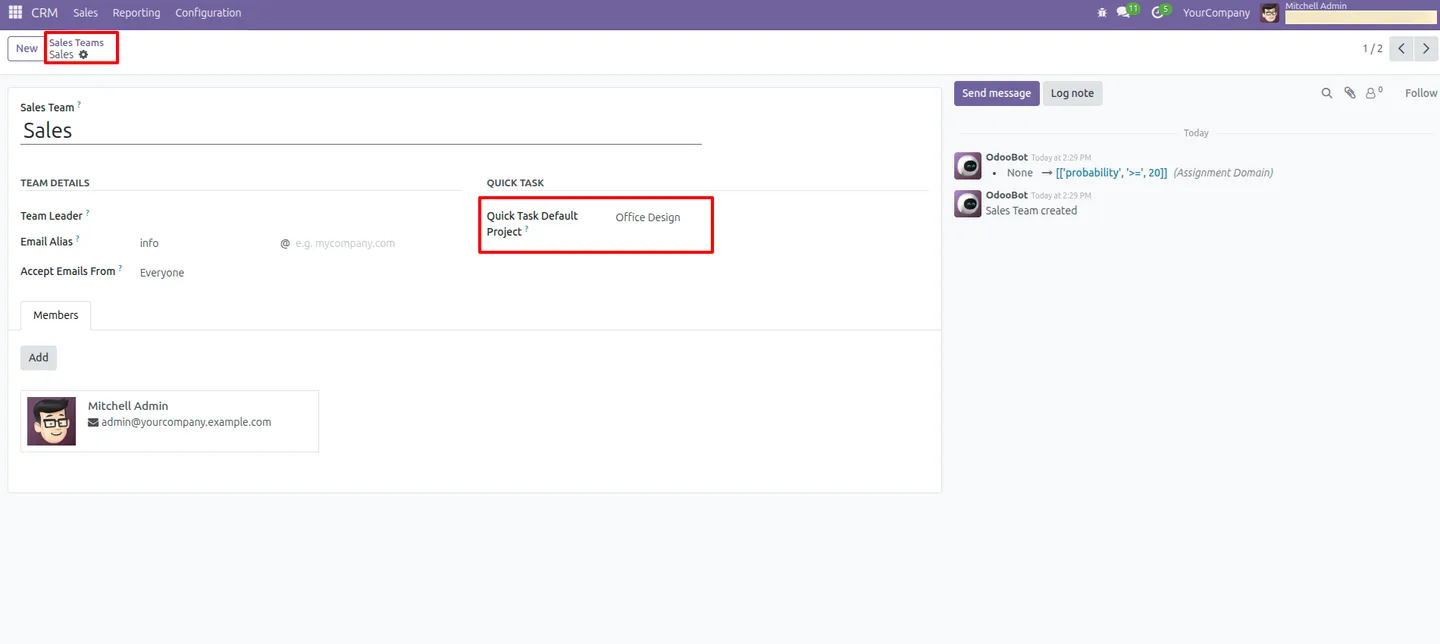 Mapping a default project to an Odoo sales team for CRM task creation