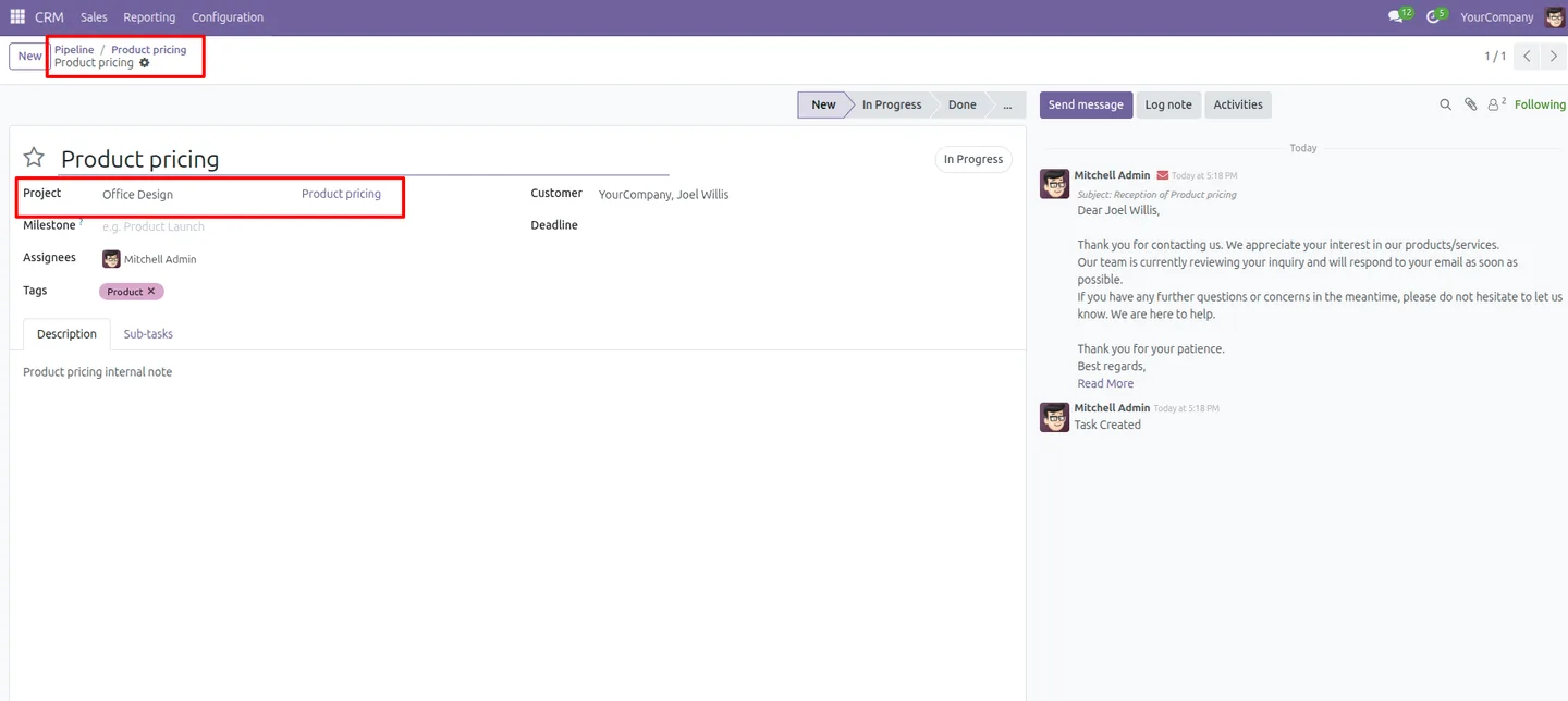 A task created from a lead using the sales-team project mapping in Odoo