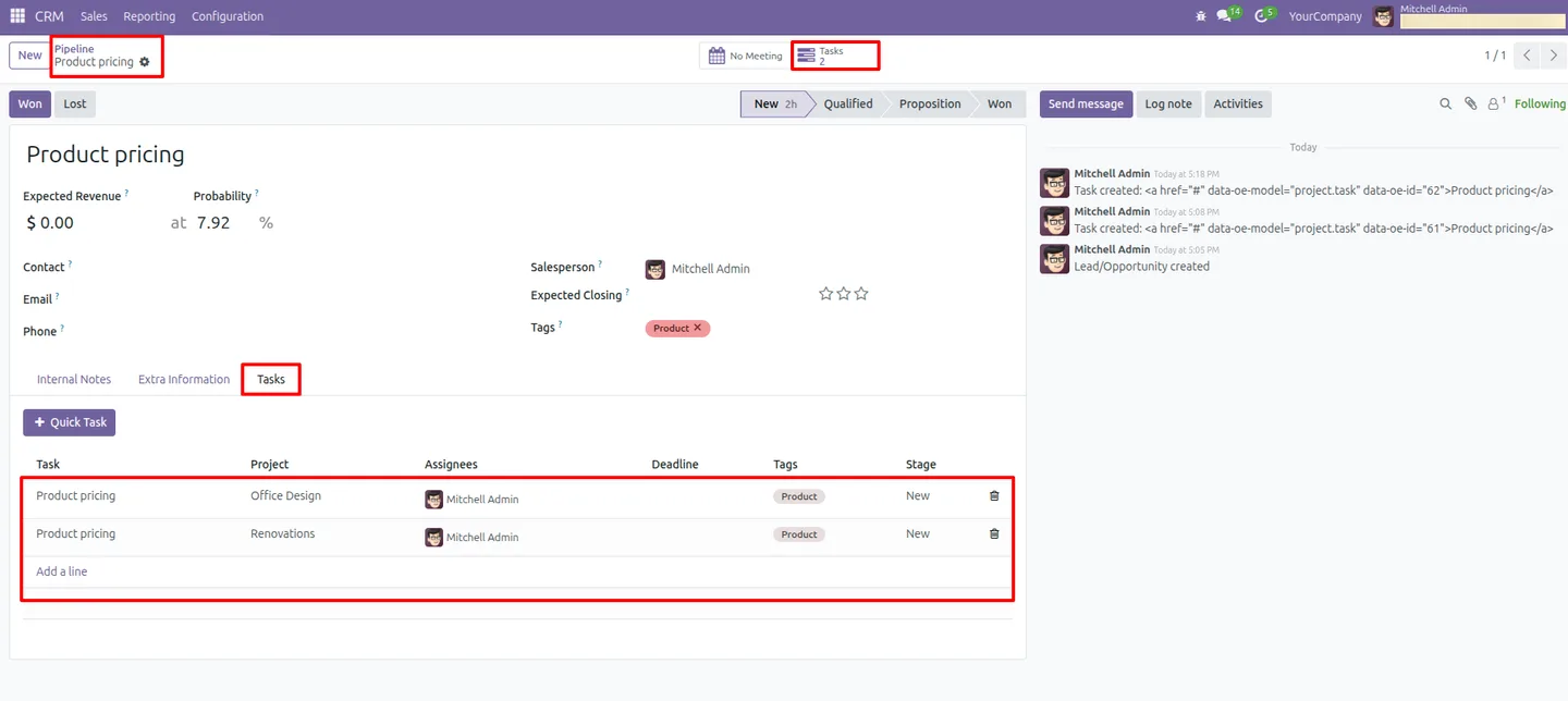 The list of Project tasks generated from an Odoo CRM lead
