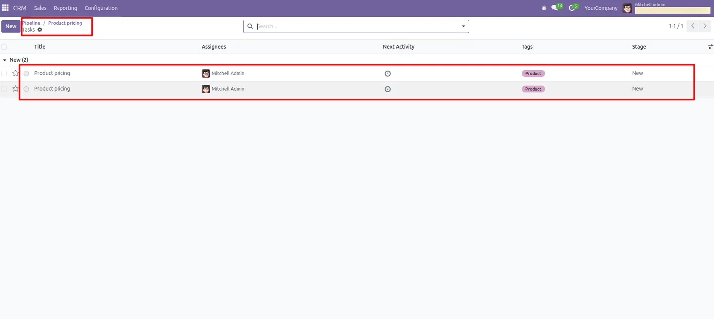 Tasks smart button on an Odoo CRM lead linking back to created tasks