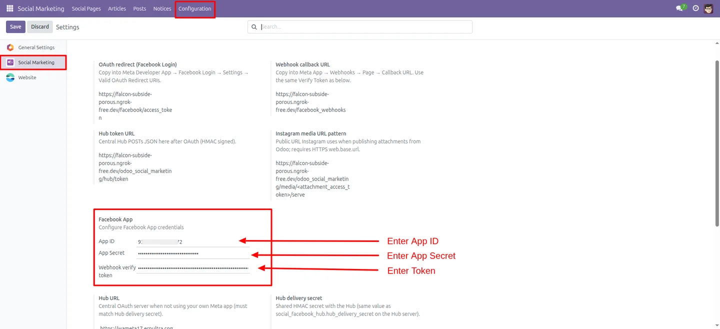 Connecting a Facebook account in Social Marketing Community for Odoo