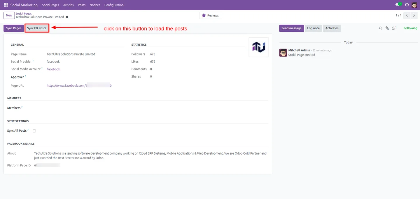 Social feeds displayed on an Odoo Website with sharing buttons