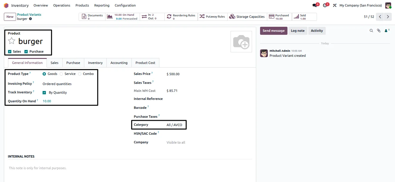 Product category set to AVCO by Location costing method in Odoo