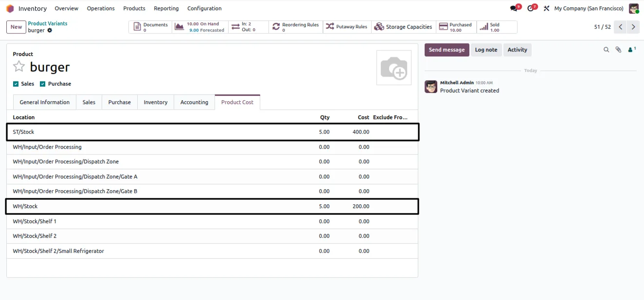Product cost broken down by location after a purchase receipt in Odoo