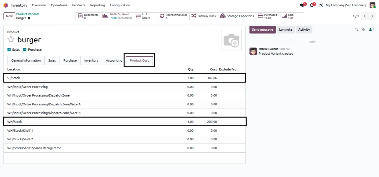 Landed cost applied to stock at a warehouse location in Odoo