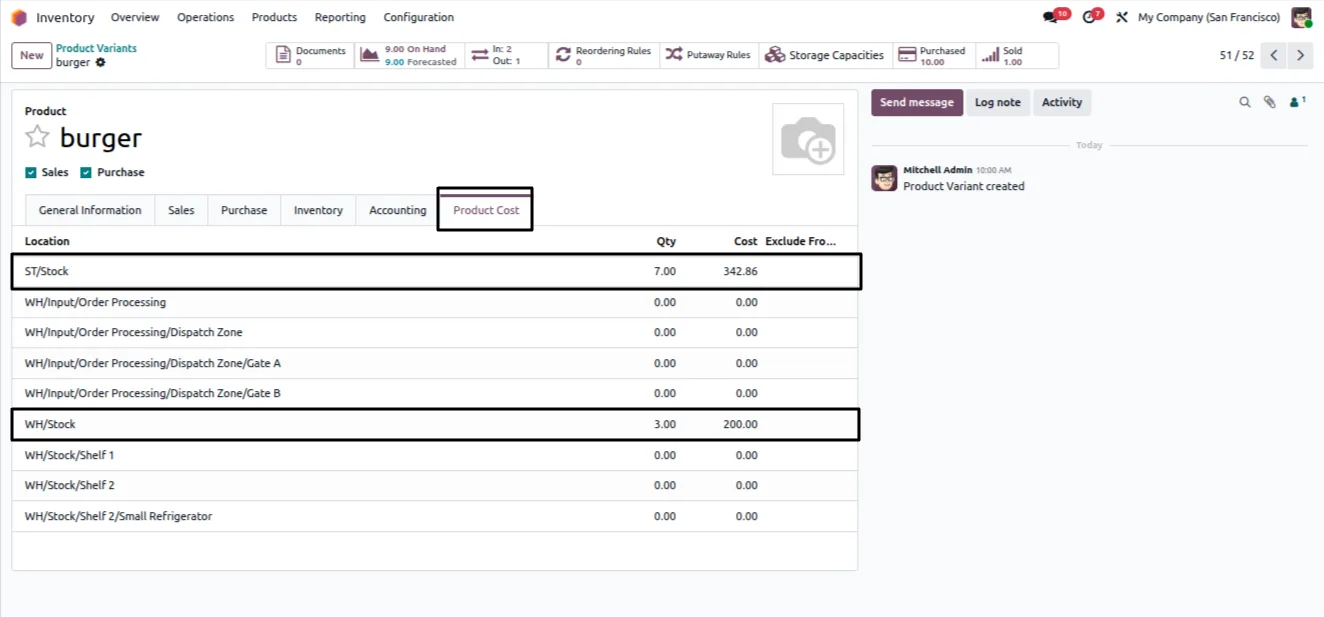 Sales order with a delivery location selected in Odoo
