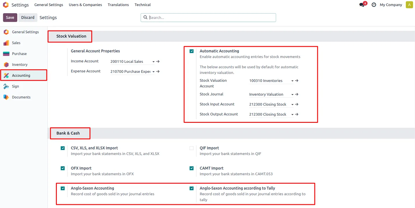 Odoo settings screen with Automatic Accounting and Anglo-Saxon Accounting According to Tally enabled