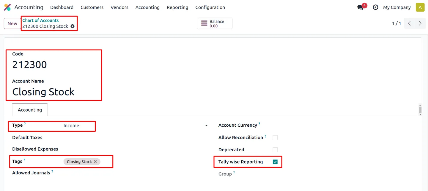 Indian chart of accounts in Odoo with the pre-configured closing stock account