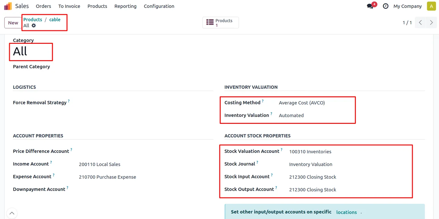 Product category configuration with automated real-time valuation and AVCO costing method