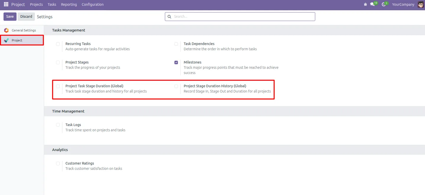 Task Stage Duration Tracker global settings inside Odoo Project