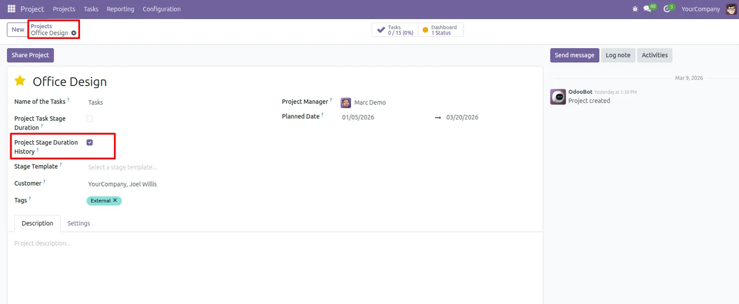 Stage template configuration for tracked task stages in Odoo