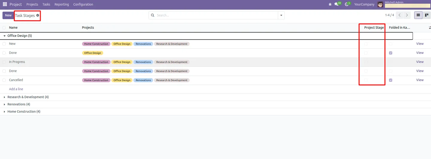 Task stage settings with the Project Stage toggle in Odoo