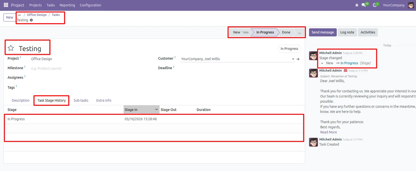 An Odoo project task showing its stage on the kanban board