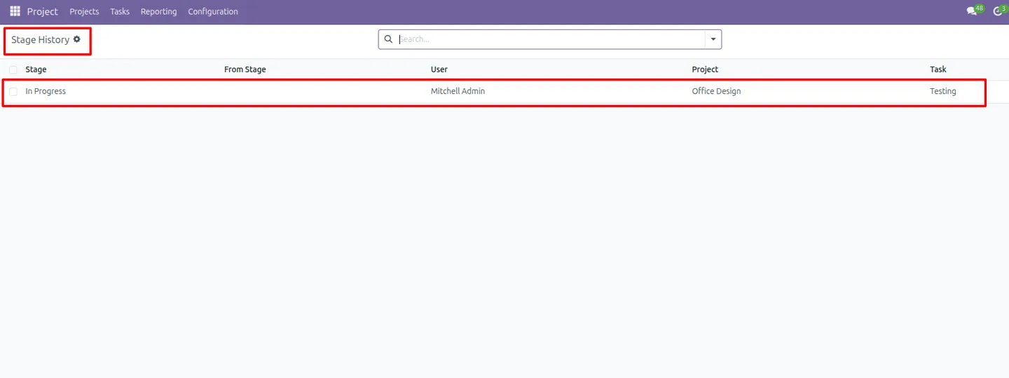 Task Stage History section listing recorded stage transitions