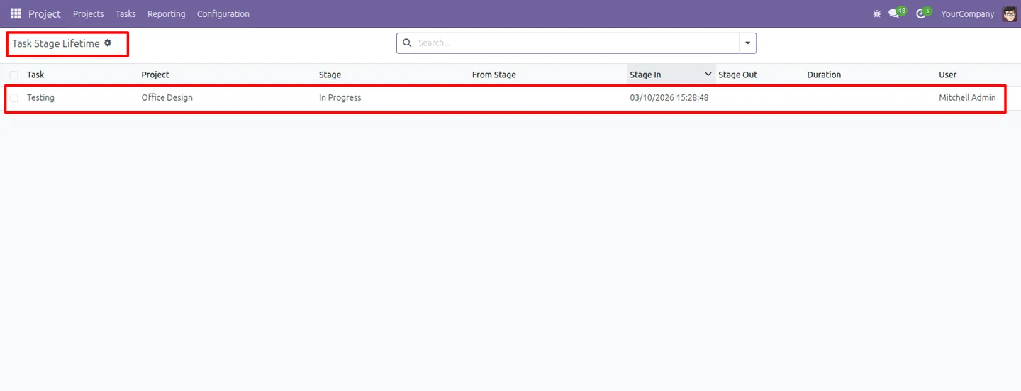 Stage durations recorded against an Odoo project task