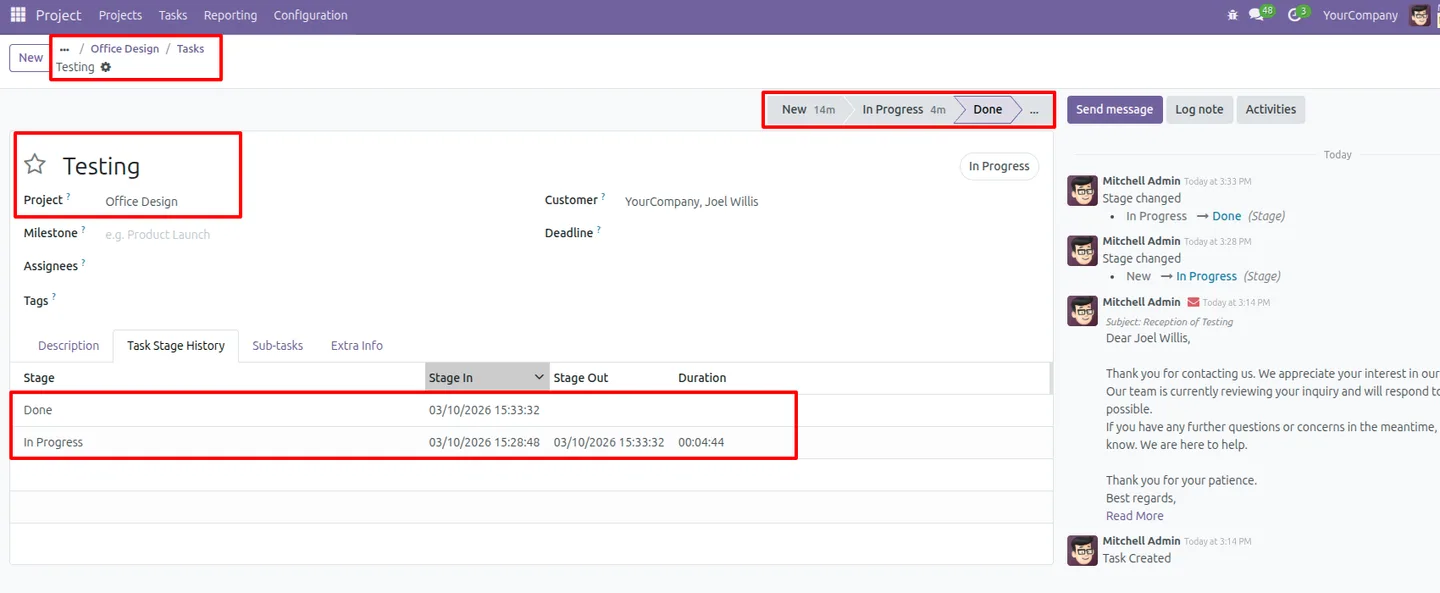 User and timestamp detail for a task stage change in Odoo