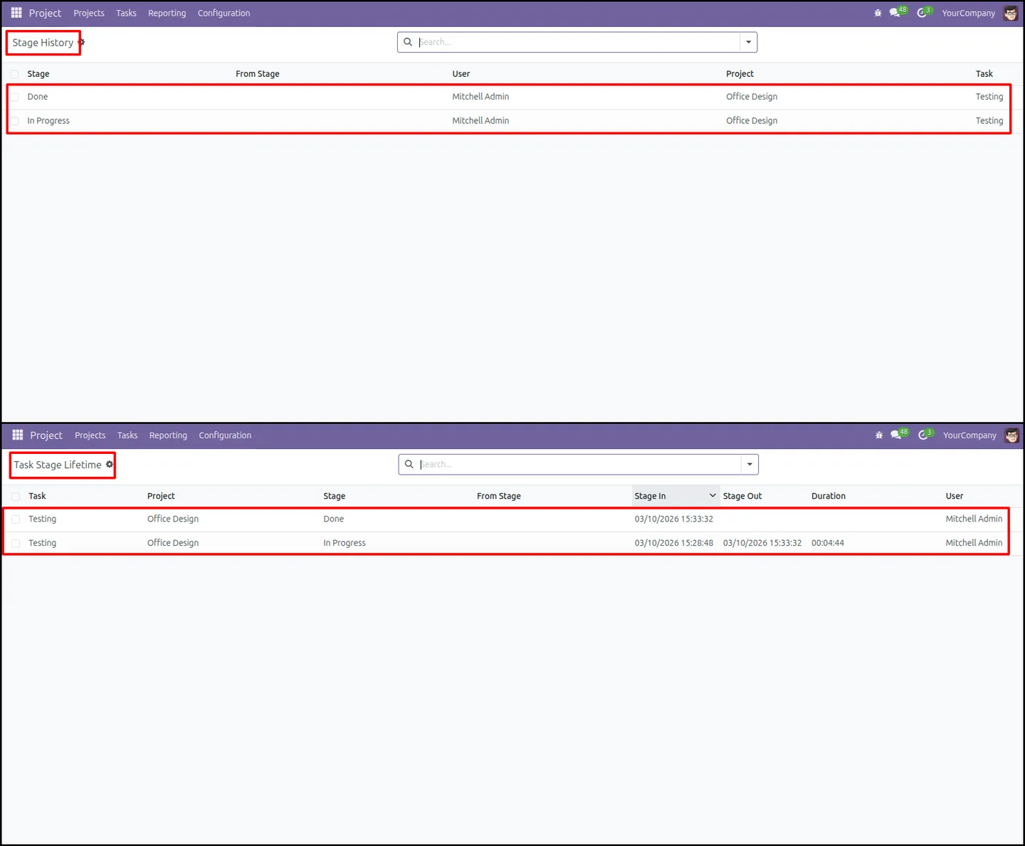 Stages History report of task transitions in Odoo Project reporting