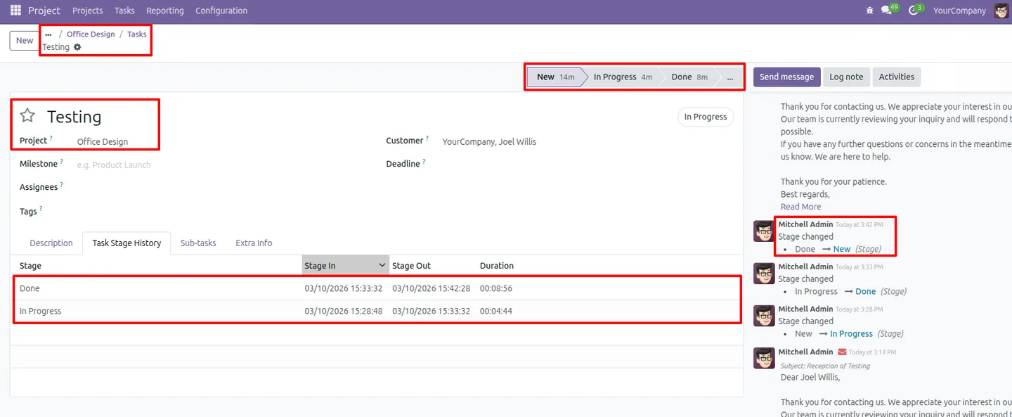 Filtering the task stage duration report by project in Odoo