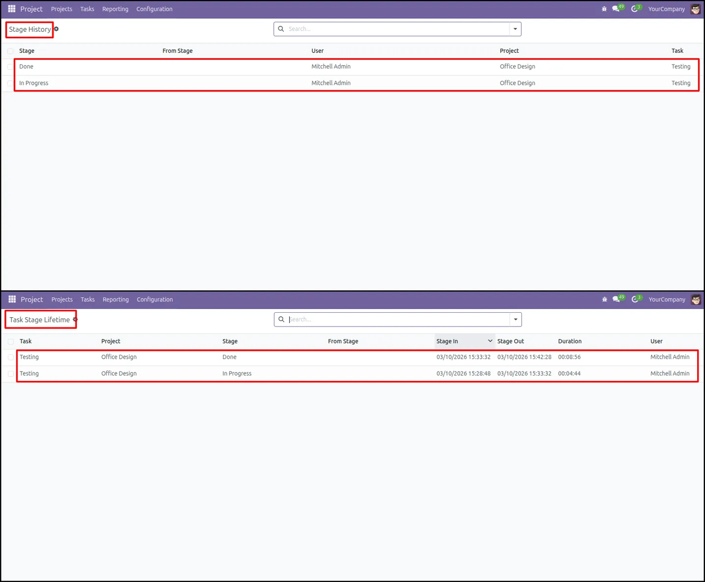Stage-duration history and lifetime analysis side by side in Odoo