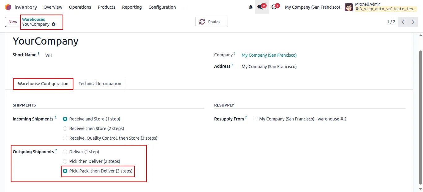 Warehouse set to the 3-step Pick, Pack, Ship delivery route in Odoo
