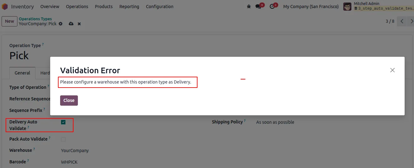 Delivery auto-validation field on the Pick picking type in Odoo