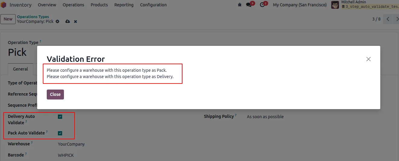 Pack and delivery auto-validation options on the Pick operation type