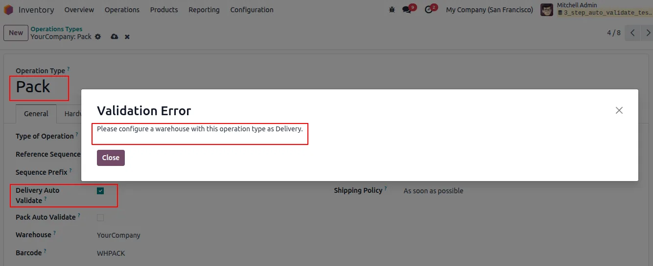 Delivery auto-validation enabled on the Pack operation type in Odoo