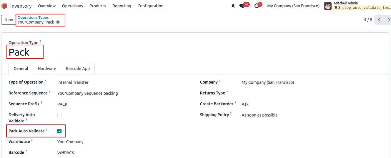 Pack picking type configured for auto-validation in Odoo Inventory