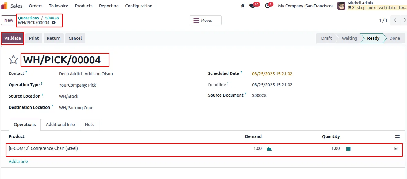 Validating the Pick transfer to trigger auto-validation in Odoo
