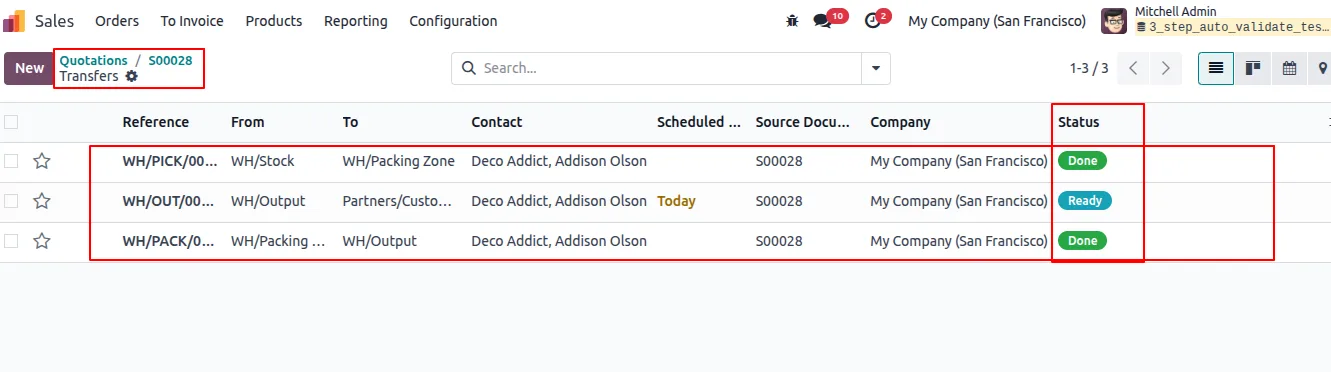 Pack transfer auto-validated after the Pick in Odoo Inventory