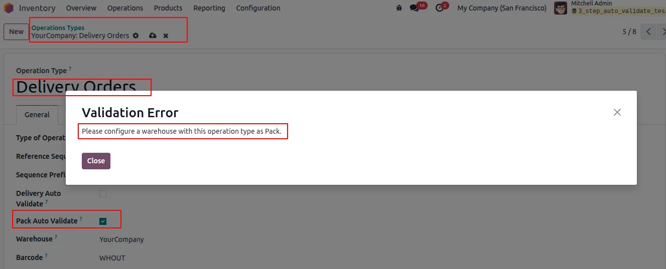 Pack validation option on the Delivery operation type in Odoo