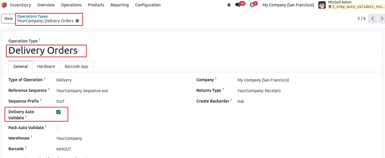 Delivery picking type configured for auto-validation in Odoo