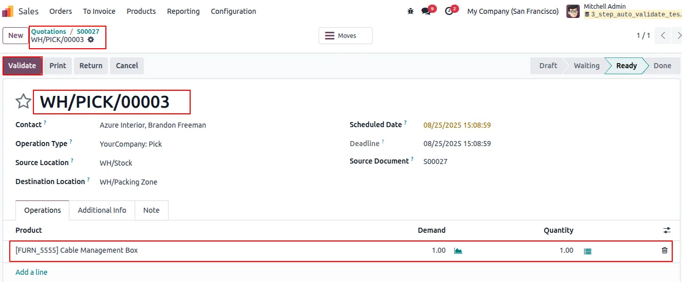 Pick, Pack, and Delivery transfers auto-validating in the Odoo 3-step flow