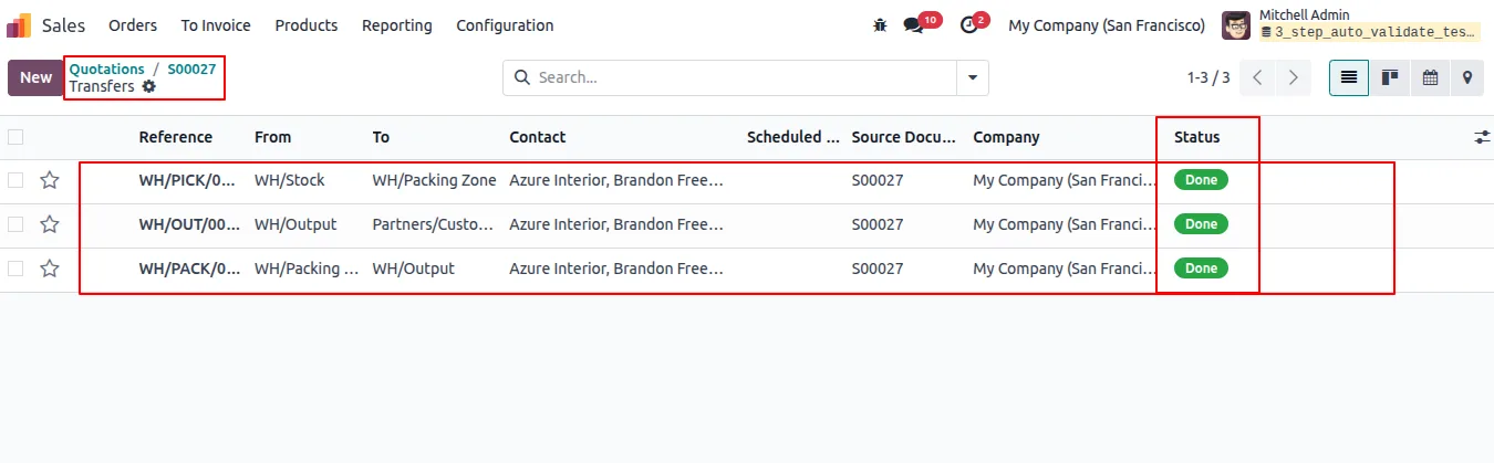 All three delivery-stage transfers shown auto-validated in Odoo Inventory