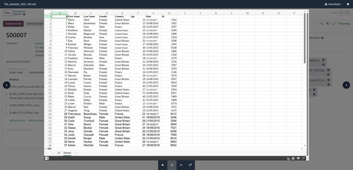Previewing an ODS spreadsheet from the Odoo chatter with Universal Attachment Preview