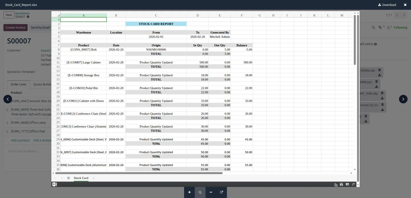 Previewing an XLSX spreadsheet from the Odoo chatter with Universal Attachment Preview