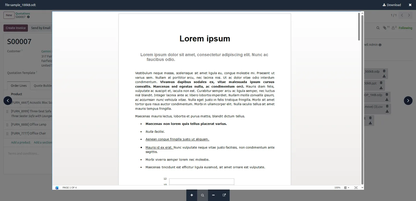 Previewing an ODT document from the Odoo chatter with Universal Attachment Preview