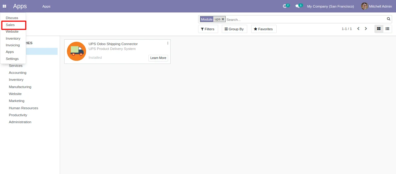 UPS delivery method configuration screen inside Odoo