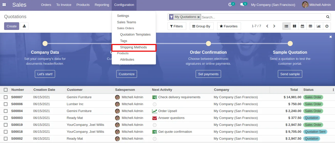 UPS shipping method options including COD and Saturday Delivery in Odoo