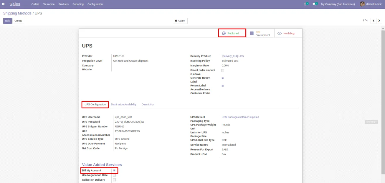 UPS service type and address verification settings in Odoo