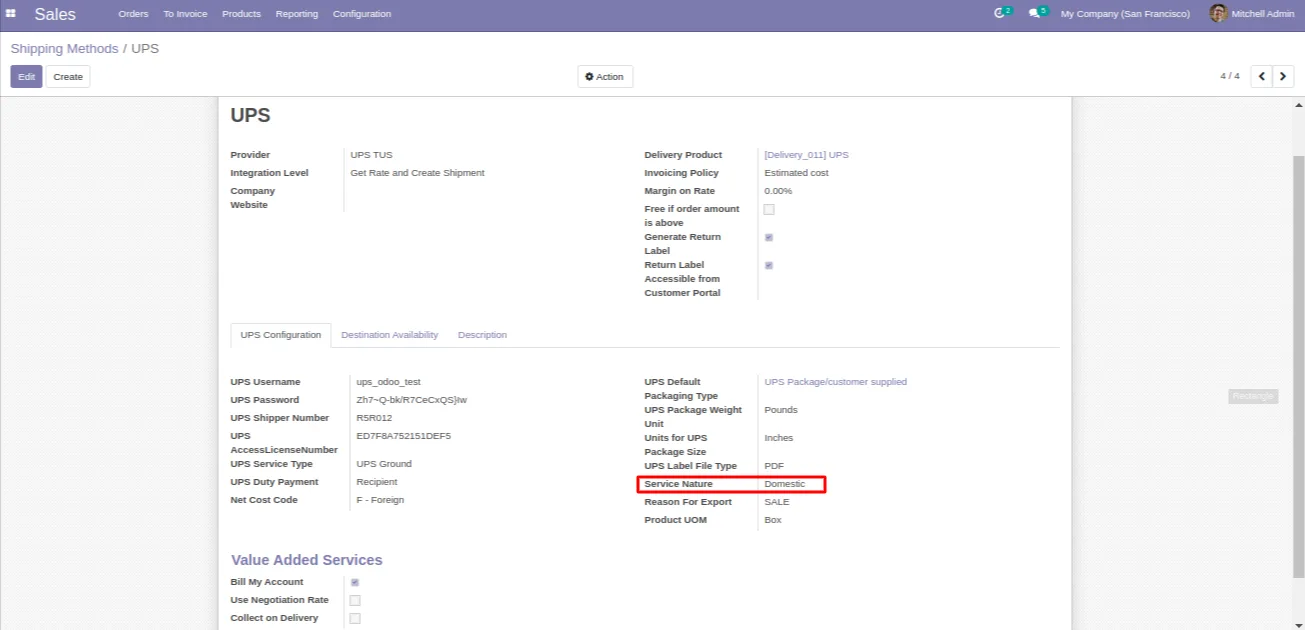UPS rate displayed on an Odoo sales order quotation