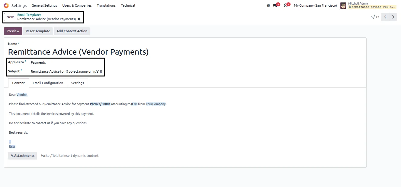 Remittance Advice configuration section on an Odoo vendor payment