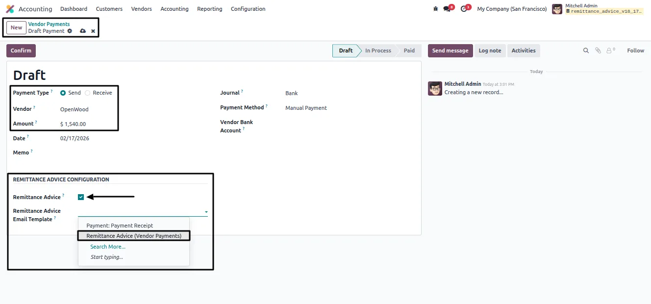 Print action for the remittance advice PDF on an Odoo payment
